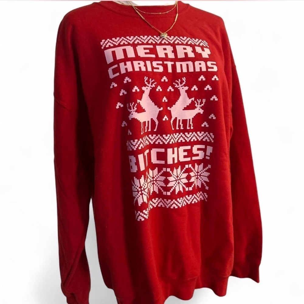 Ugly Sweater Red White Reindeer Snowflake Christmas Crewneck Sweatshirt Men's LG